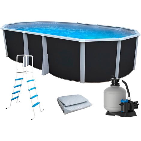 Piscine hors sol acier ovale 640x366x132cm – Parois laquées anthracite – Liner gris 0,40mm – Filtration à sable 6m³/h – Capacité 27.500L – TOI (1/5)