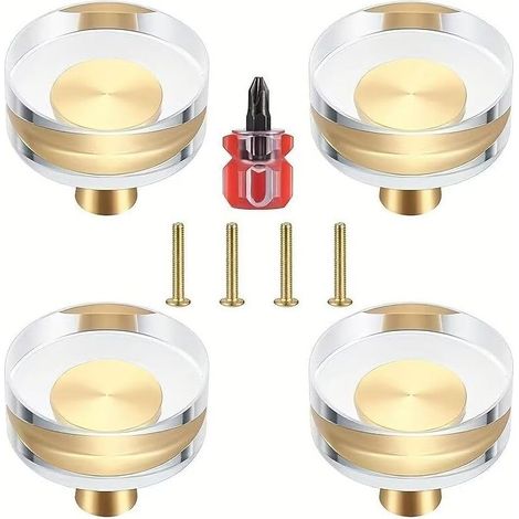 Lot de 4 boutons d'armoire en verre cristal doré, poignées de meubles transparentes, poignées de tiroir, poignées rondes en laiton pour commode, tiroir, armoire, porte, placard, 30 x 27 mm (1/5)