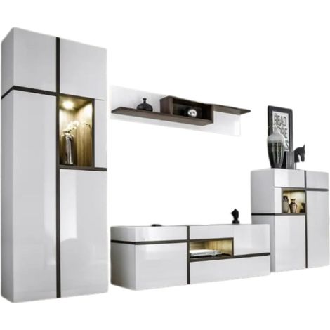 Set 4 mobili da salotto collezione CRISS con LED integrati. Colore bianco e finiture in rovere.