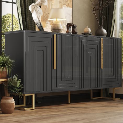 URBAN MEUBLE Buffet noir design géométrique détails dorés 152x40x75cm