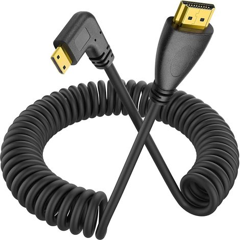 Câble spiralé Mini HDMI 90 degrés Mini HDMI mâle vers HDMI mâle Cordon spiralé extensible pour appareils photo, reflex numériques, caméscopes, écrans et moniteurs portables (Angle droit) (1/5)