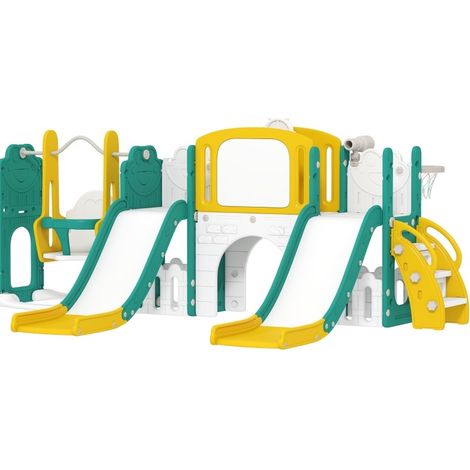 Area giochi 9-in-1 per bambini con scivoli e altalena, giallo e verde, MODENUIT (1/4)