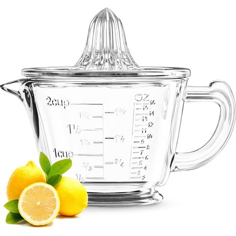 Presse-Agrumes Manuel Verre 2 en 1 500ml Sans BPA, Verre Doseur Gradé Passable Lave-Vaisselle, Presse Citron Orange Pamplemousse pour Jus Cuisine Pâtisserie