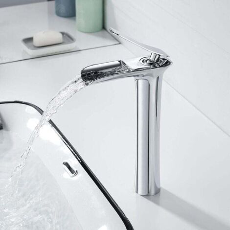 Moderne Waschtischarmatur mit hohem Wasserfallauslauf, Messing, 235 mm Auslaufhöhe, Warm- und Kaltwasseranschluss, Chrom-Finish