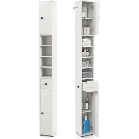Costway – Colonne de salle de bain étroite 20 x 20 x 180 cm – 2 placards, 1 tiroir, 5 étagères réglables – MDF blanc cérusé, sécurité anti-basculement (1/5)