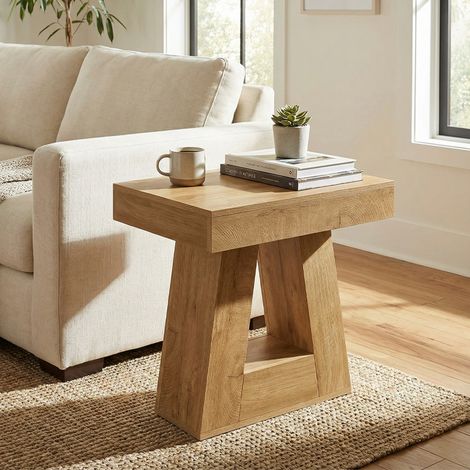 2-stöckiger moderner Beistelltisch – Kleiner Nachttisch im Landhausstil mit trapezförmigen Beinen, Naturholz, 60 x 40 x 60 cm für Wohn- und Schlafzimmer