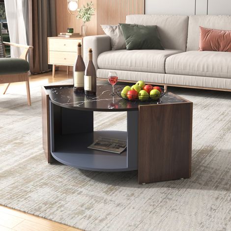 tavolo soggiorno 96,5 cm effetto marmo nero e noce linee OKMYHOME (1/5)