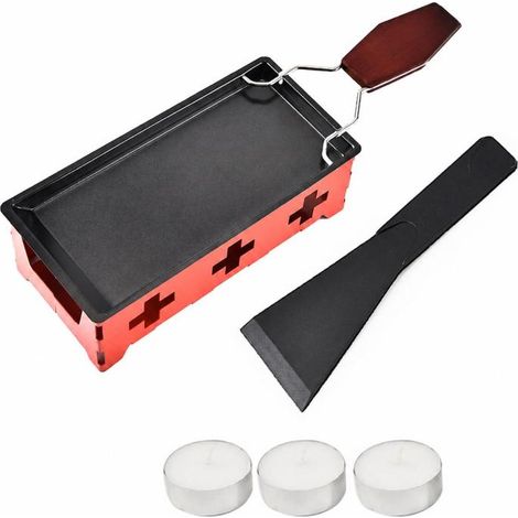Ensemble à raclette avec poêle à fromage antiadhésive, appareil à raclette portable à la bougie, spatule incluse, ustensile de cuisine en métal avec manche en bois. (1/5)