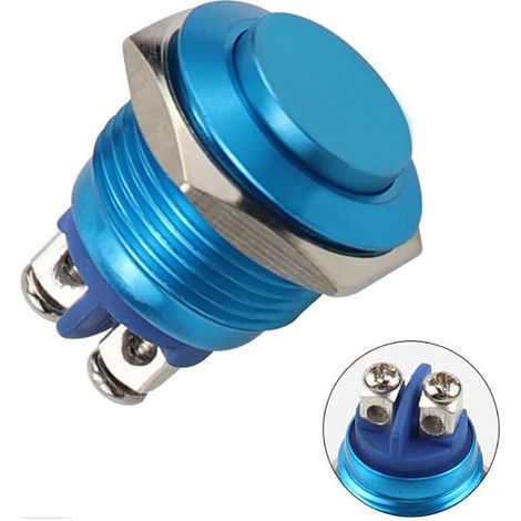 220 V, 16 mm, wasserdicht, rund, Edelstahl, Metall, Druckknopfschalter, selbstrückstellend, normalerweise offen, hoher Kopf (blau) (1/4)