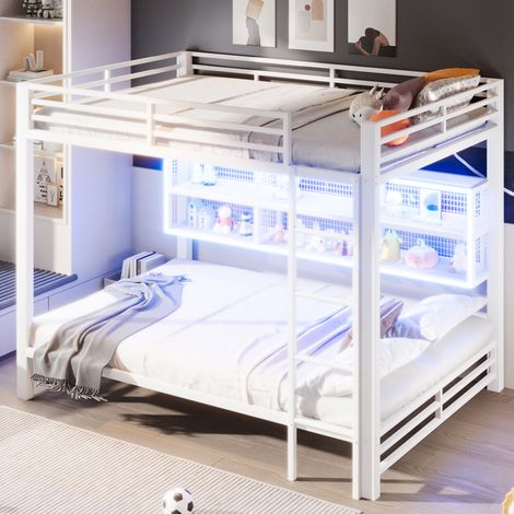 Lit superposé 140x200 en métal avec rangements et LED, blanc OKMYHOME (1/5)