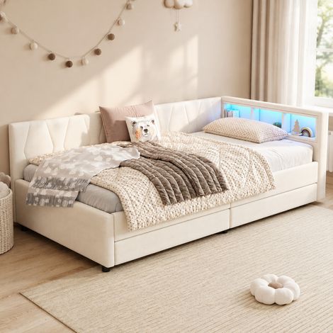 Lit banquette 90x200 cm en lin beige avec rangement, LED et USB pour chambre FloraGrace (1/5)