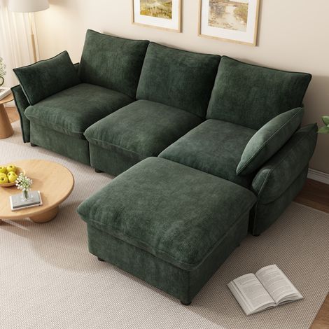 Divano angolare L 222,5x154,5x76,5 cm 3 posti con pouf, cuscini e tessuto in ciniglia, struttura stabile - verde scuro (1/5)