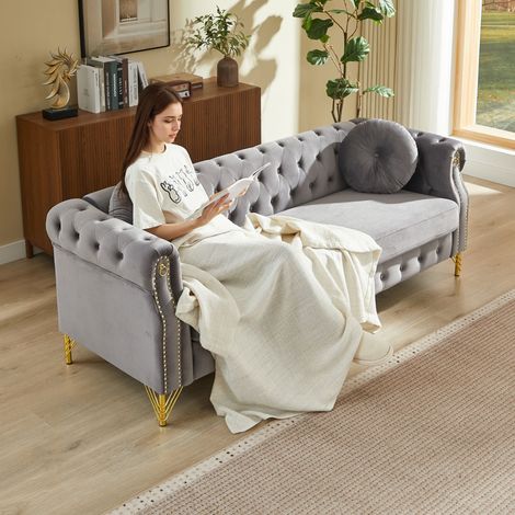 Canapé Droit 2 Places avec Dossier Capitonné, 2 Coussins Ronds Amovibles, Assise à Ressorts, Clous et Pieds Métalliques Dorés, Velours - Gris (1/5)