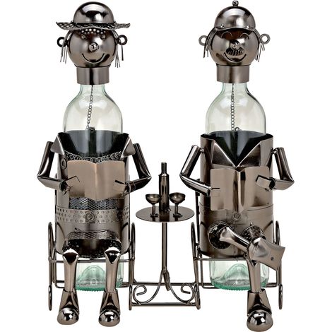 Weinflaschenhalter anthrazit 33 x 21 cm - Zwei Mann am Tisch - Deko Flaschenhalter mit Metall Figuren - Freundschaft Geschenk Skulptur Flaschen Ständer