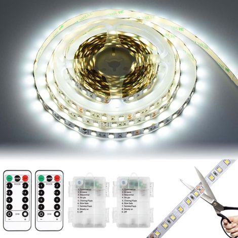 Lot de 2 bandes LED - 1 m - Fonctionne avec piles - Avec minuterie 8 modes - Télécommande - Peut être découpée - Étanche - Pour armoires, escaliers, cuisine, lits (blanc) (1/5)