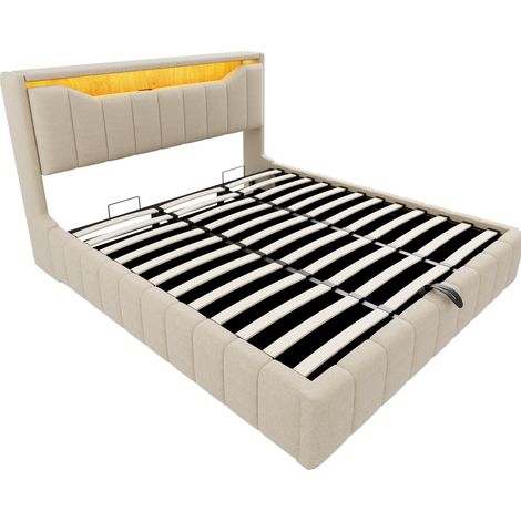 Cama canapé 180x200 cm beige con cabecero LED USB USB-C y almacenaje hidráulico HOMVRA (1/5)