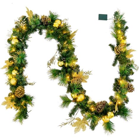 COSTWAY Guirnalda de Navidad con Luces LED Blancas Cálidas, 270cm con 30 Ramas Artificiales, Bayas Doradas, Bolas, Flores y Piñas Doradas, Decoración Navideña para Puerta, Chimeneas, Escaleras (1/5)