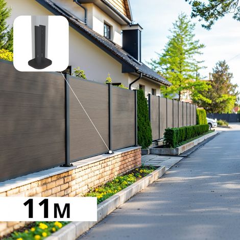 Kit Clôture Composite sur Muret CRUZ Argent 10,99x1,2m - Bois composite & Aluminium - Poteaux sur Platines Gris Anthracite - Brise vue