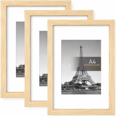 Ensemble de trois cadres photo décoratifs et créatifs, parfaits pour la maison ou à poser, pour photos, images, affiches, puzzles, etc. [Couleur bois naturel] Ensemble de trois cadres A4 (1/5)