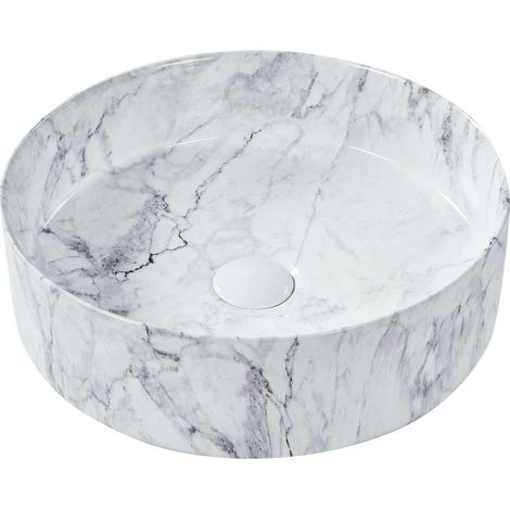 Lavabo en Céramique 40 cm Rond Salle de Bain Vasque Evier Effet Marbre Blanc Manis