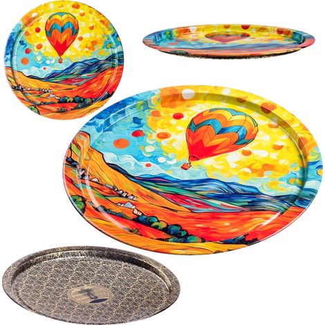 Bandeja circular para servir, de metal, 32,5 cm de diámetro, con diseño de globos coloridos, fácil de limpiar, versátil para servir. (1/5)