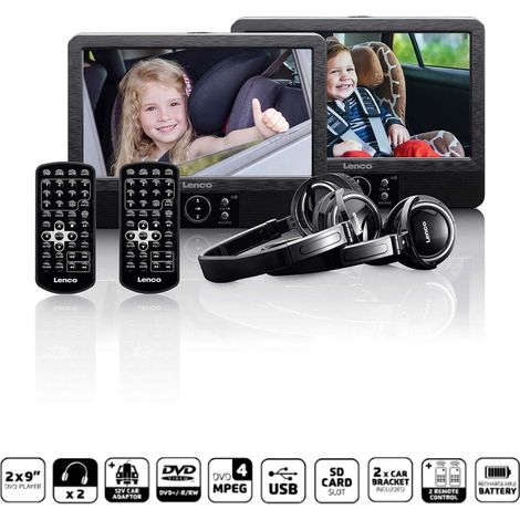 Lettore dvd portatile 2x 9 con usb sd batteria integrata cuffie e supporto nero (1/5)