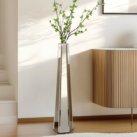 30" Tall Mirrored Floor Vase Sophisticated Vessel Silver Glass Vase for Dried Flowers Decor