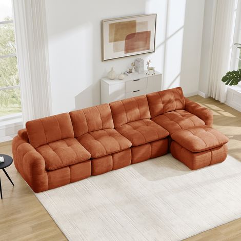 Canapé d'angle modulable 4 places sans structure, motif matelassé en losanges, revêtement en chenille, assises larges et profondes, repositionnable à volonté, livré monté avec 1 pouf, idéal pour les s (1/5)