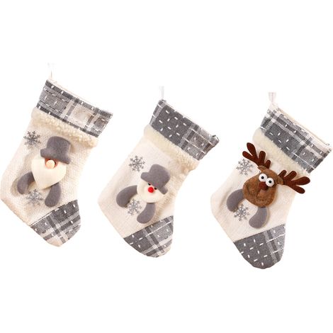 Chaussette De Noël - En Toile De Jute Et Tissu Non Tissé - Design Appliqué Rustique - Pour Décoration Intérieure Et Arbre De Noël - Lot De 3 (1/5)