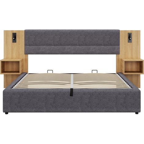 Lit rembourré 180 x 200 cm, lit à larges oreilles hydraulique avec port USB, éclairage, deux tables de chevet avec rangement incluses, sommier à lattes en bois, montage facile, velours, gris + naturel (1/5)