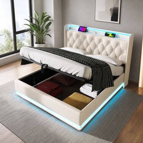 DESMIU Lit Coffre 180 × 200 cm 2 places avec LED 360°, USB et Type-C, sans matelas, en PU, blanc (1/5)