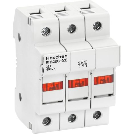 Base porte-fusible cylindrique RT18-32(X) 32A AC690V, 3P, DIN Rail de montage pour RT18 RO15 10 x 38 mm Fusible (1/5)