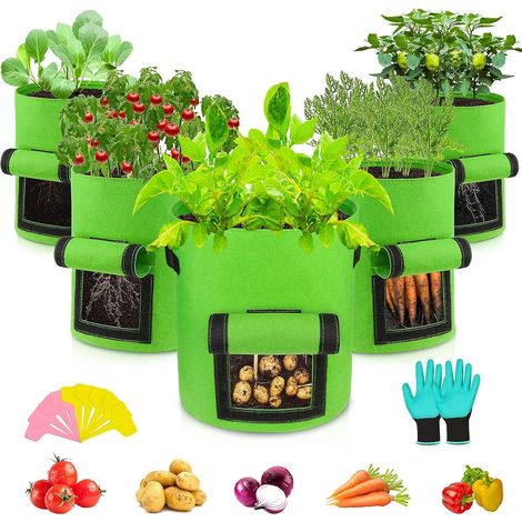 Lot de 5 sacs de culture de 7 gallons (26,5 litres), respirants et résistants, avec fenêtre et poignée, pour planter pommes de terre, carottes, etc. (1/5)