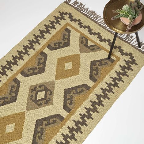 HOMESCAPES Handgewebter Juteteppich Ravar - 90 x 150 cm, Kelim-Muster beige-gold-braun