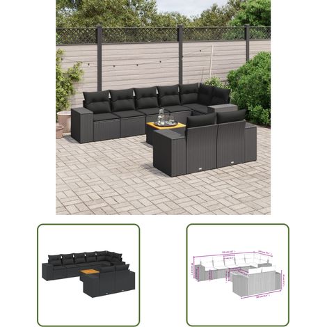 The Living Store 9-tlg. Garten-Sofagarnitur mit Kissen Schwarz Poly Rattan - Gartenmöbel - Esstischgarnituren - Outdoor Möbel - Lounge Set - Rattan Gartenmöbel (1/3)