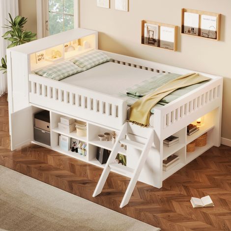Modernluxe - Lit double enfant 140x200 cm - Éclairage LED - Armoire avec porte et compartiments de rangement - MDF+Pin - Blanc (sans matelas) (1/5)