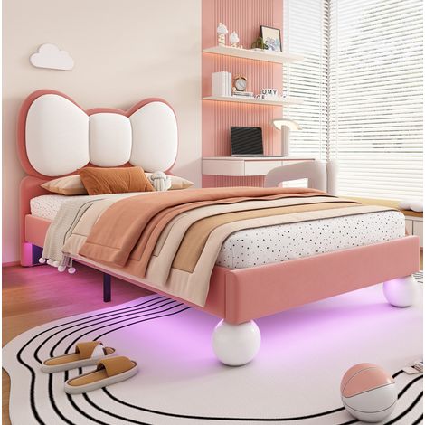 Letto singolo imbottito per bambini in velluto beige e rosa 90x200 cm con testiera a forma di farfalla e LED