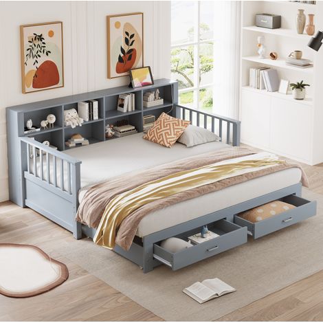 Divano letto 90x190 cm allungabile, 2 cassetti, presa integrata, grigio, senza materasso (1/5)