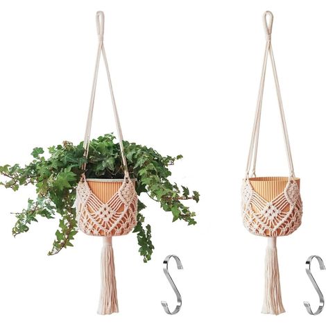 Lot de 2 Suspension plante, Macramé coton, Longueur 90 cm, Pour pot 20 cm, Intérieur extérieur
