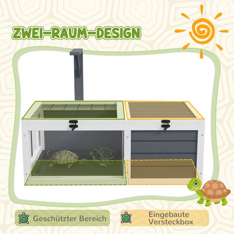Maison tortue, boîte reptile à 2 compartiments avec couvercle, bacs plastique, fenêtre, bois, gris (1/5)