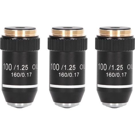 3pièces Lentille de Microscope, 195 Lentille D'Objectif Noir Achromatique 100X Interface D'Objectif Haute Puissance Filetage 20,2 mm (1/5)