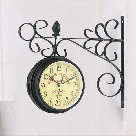 Vintage Design Art Double Face Horloge Mural Murale Gare Ronde Horloge Supports Support Latéral Jardin Maison Salon pour En Métal (1/5)