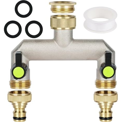 2 Vías Adaptador para Grifo, 3/4" Brass Tap Manifold Hose Splitter, Adaptador Manguera Grifo Derivacion 2 Vias, con 2 Salidas de 3/4 de Pulgada, 1 Cinta de Sellado de Rodillos
