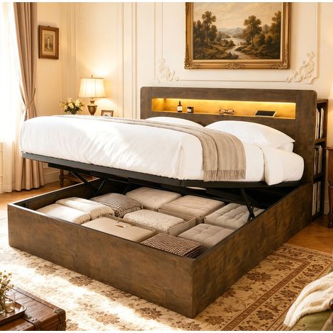 REDOM Cama con almacenaje 219.5x181x107 cm, elevación hidráulica, cabecero con LED y enchufes, madera, color madera (1/5)