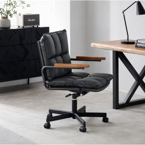 Silla de oficina ergonómica giratoria, de piel sintética negra, respaldo de apoyo y altura ajustable, metal (1/5)