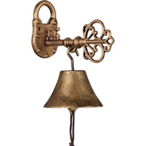 Cloche en Fonte, Design Antique, Motif Clef, avec Corde, Clochette pour l’extérieur, Accessoire Mural, doré (1/5)