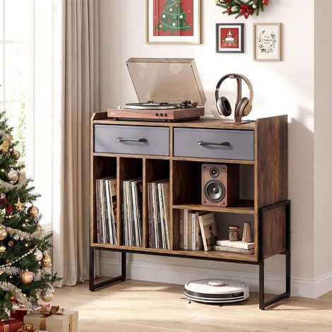 Accès Électrique Facile Meuble Platine Vinyle avec Prises USB Rangement Disques et Tiroirs Tissu Marron (1/5)