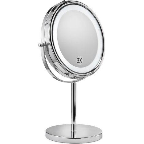 Miroir de salle de bain sur pied chromé - Miroir de maquillage lumineux avec lumières - Grossissement double face x3 - Design élégant - 1 x True View - Bord éclairé - Pas de fixations (1/5)