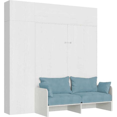 Lit double escamotable Kentaro 160 cm avec canapé et meubles en frêne blanc, bleu clair