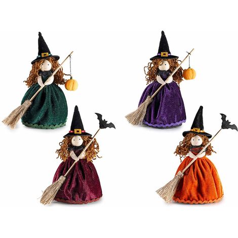 Befane / streghe decorative con abito in velluto, scopetta e decori di Halloween da appoggiare, set da 4 pezzi, cm12,5x10x20H (capp.esteso)